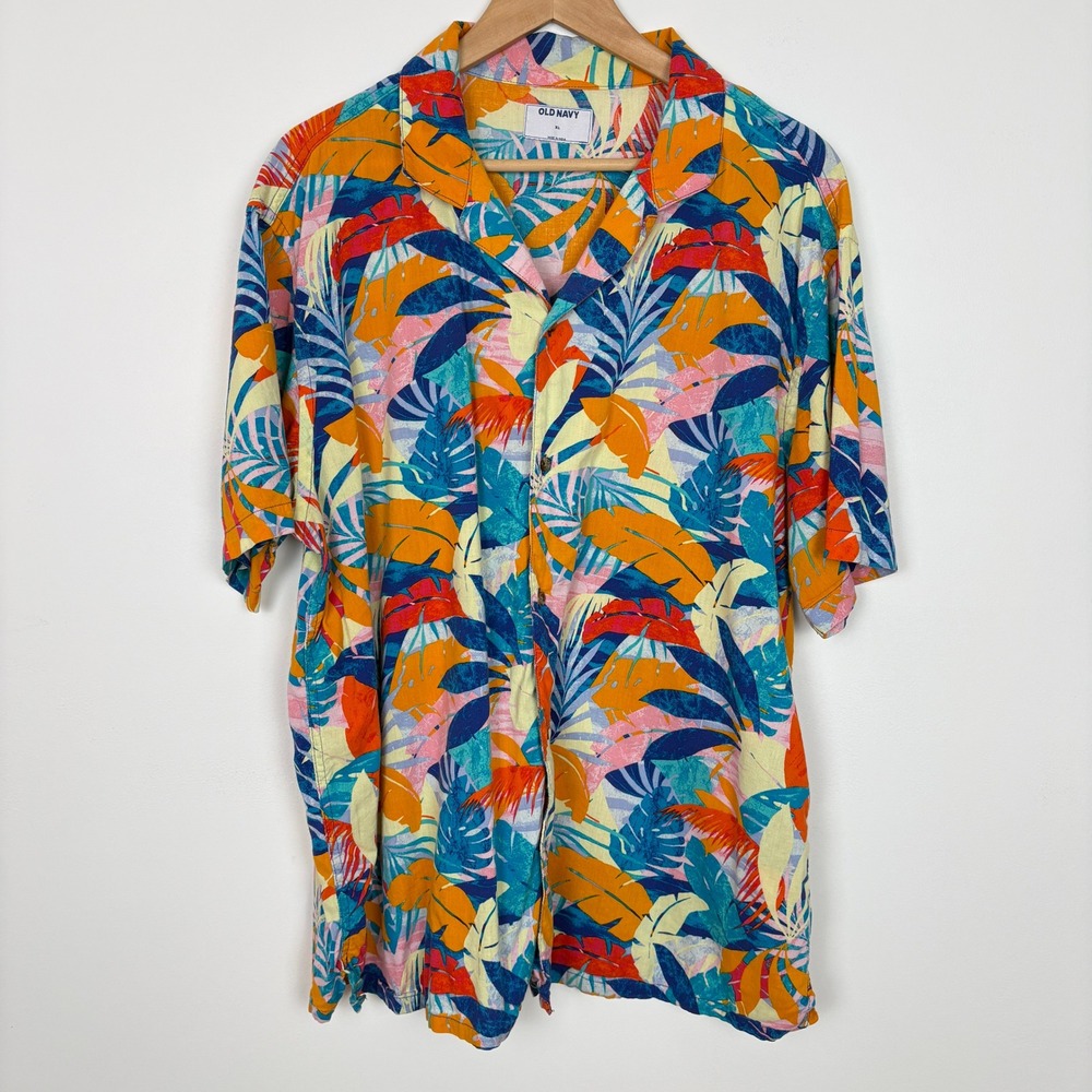 Old‎ Navy Mens Camp Collar Tropical Palm Leaf Shirt XL Multicolor Hawaiian Aloha
